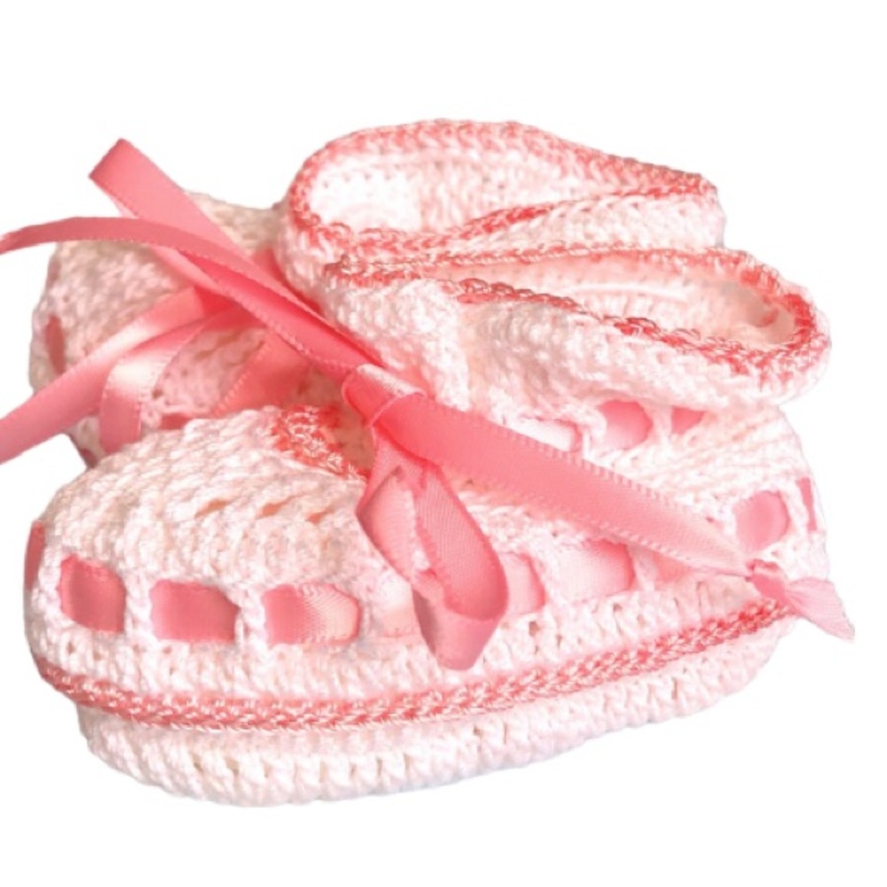 ✅ 5 for $25 - New Handmade Crochet Booties, White With Pink Ribbon, 0-3 months